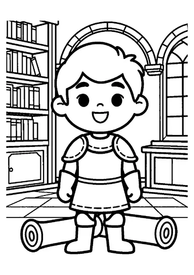 A cheerful knight standing by a large scroll case and a bundle of blank scrolls in a castle library.