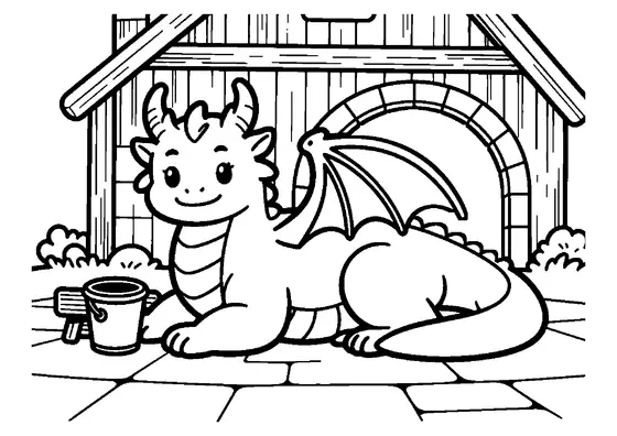 Un dragon mare și prietenos se odihnește lângă un jgheab de lemn și un grajd dintr-o lume fantastică.