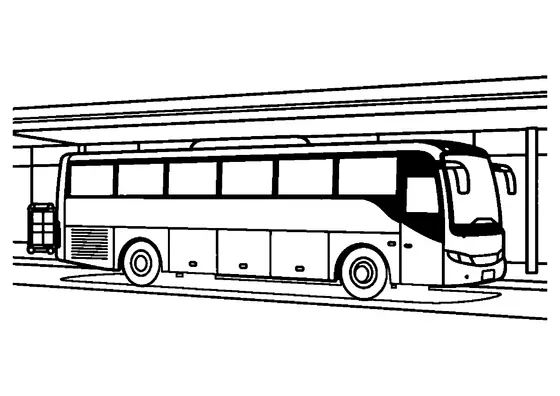 Grand autocar de tourisme stationné à son quai de départ, sous l’abri de la gare routière.