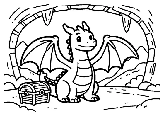 Dibujo para colorear de un dragón alado amigable sentado en una cueva junto a un cofre del tesoro.