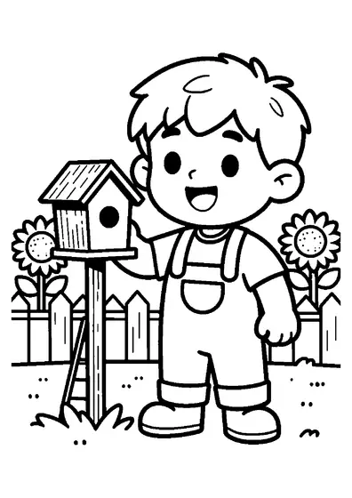Ein lächelnder Junge steht im Garten neben einem Vogelhaus und einer Holzleiter.