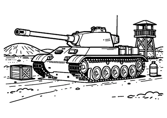 Char léger à chenilles sur un terrain d’entraînement, près d’une caisse à outils et d’une tour.