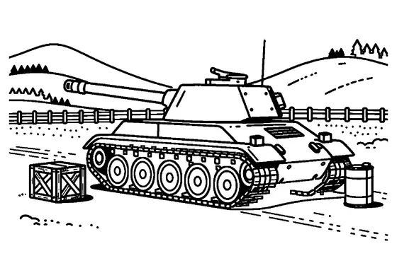 An army tank with a cannon on a military training ground, with a wooden crate and evergreen trees in the background.