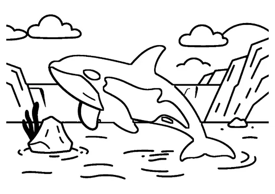 Dibujo para colorear de una orca saltando del agua cerca de un glaciar en un fiordo ártico.