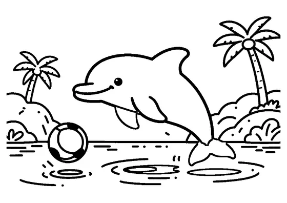 A cheerful dolphin leaping from the water in a marine park beside a ball and hoop.