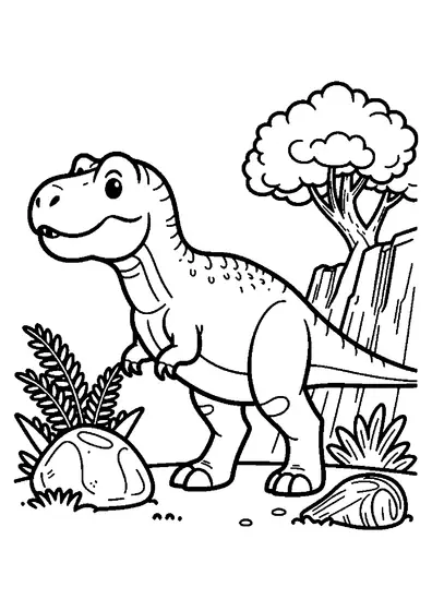A fierce-looking but friendly T. rex standing among ferns and rocks in a prehistoric forest.
