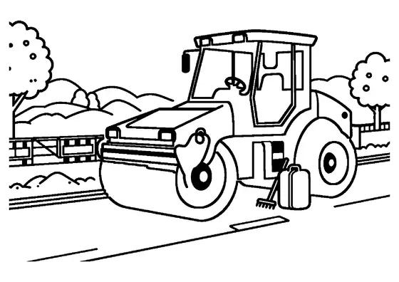Dibujo para colorear de una apisonadora compactando asfalto fresco en una obra de autopista.