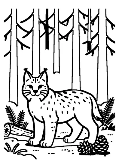 Ένας άγριος ευρασιατικός λύγκας με φουντωτές άκρες στα αυτιά στέκεται σε δάσος δίπλα σε κορμό καλυμμένο με βρύα και ένα κουκουνάρι.
