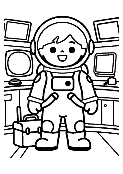 A young astronaut in a spacesuit inside a space station, with stars visible through the window.