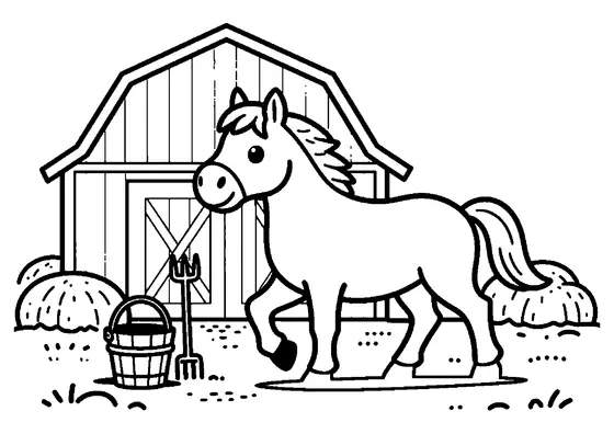 A cheerful horse trotting beside a red barn with bales of hay in view.