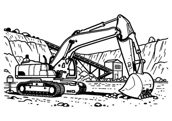 Dibujo para colorear de una potente excavadora de orugas trabajando en una cantera de grava a cielo abierto.