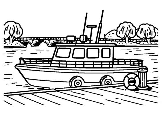 Dibujo para colorear de una patrullera fluvial amarrada junto a un embarcadero de madera.