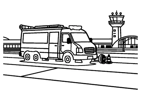 Dibujo para colorear de un camión de bomberos de aeropuerto con cañón de agua junto a la pista de rodaje.
