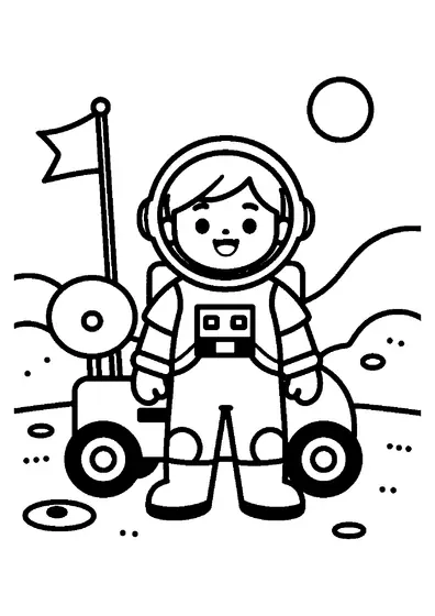 Garçon astronaute à la surface de la Lune à côté d'un rover et de cratères.
