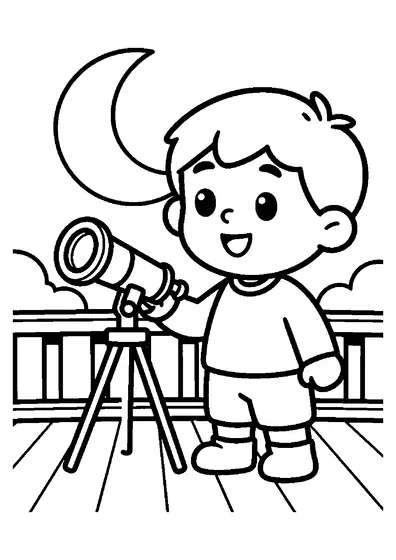 Un joven astrónomo observando a través de un telescopio en una terraza bajo un cielo nocturno estrellado.