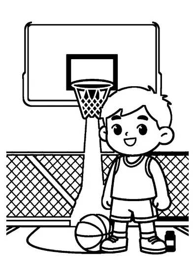 Un niño jugador de baloncesto en una pista exterior con una pelota en el suelo y una canasta al fondo.
