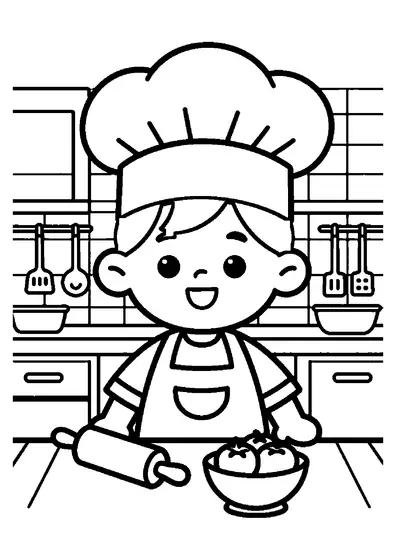 Un niño con gorro de cocinero estirando la masa de pizza en la cocina.
