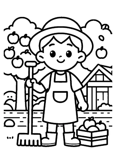 Garçon en chapeau et tablier tenant un râteau, près d’une caisse remplie de pommes dans un verger.
