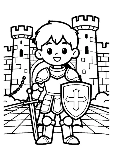 A boy in knight’s armor holding a shield and sword in front of a castle gate.