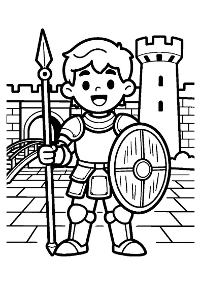 Dibujo para colorear de un caballero con armadura ante la puerta de piedra de un castillo con puente levadizo.