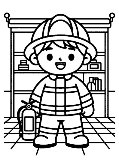 A smiling young firefighter wearing a helmet and uniform, standing inside a fire station.