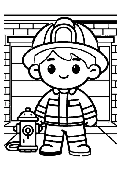 Un joven bombero con casco y uniforme de pie junto a un hidrante de la ciudad.