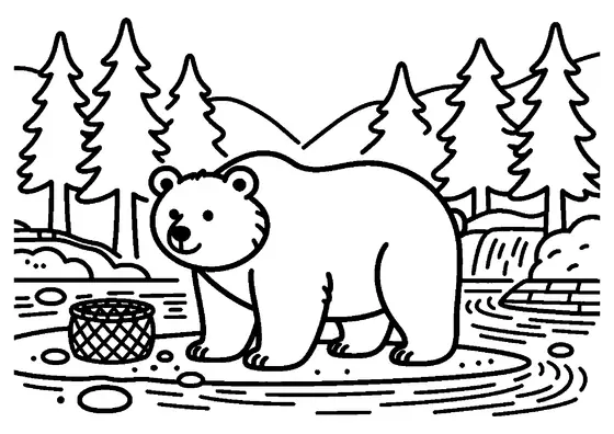 Μια καφέ αρκούδα δίπλα σε ρυάκι, με καλάθι ψαριών και λείες ποταμίσιες πέτρες κοντά.
