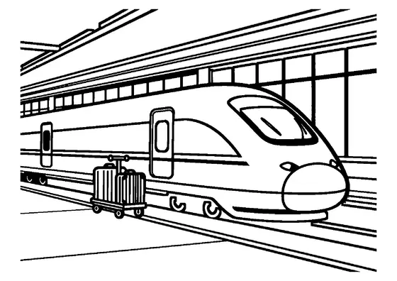 Un moderno tren maglev en el andén de una estación con un carro de equipaje con maletas.
