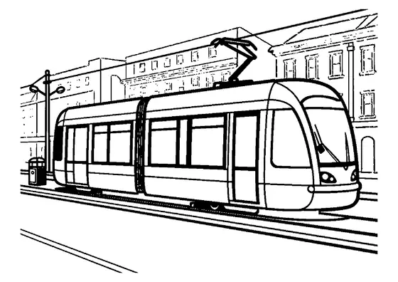 Tramway moderne à un arrêt urbain, à côté d'un banc et de lampadaires.