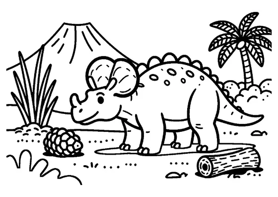Dibujo para colorear de un anquilosaurio acorazado entre helechos prehistóricos y equisetos con un volcán al fondo.