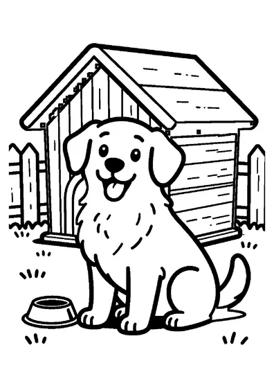 Un retriever sentado en el jardín junto a una caseta de madera y un cuenco de comida.