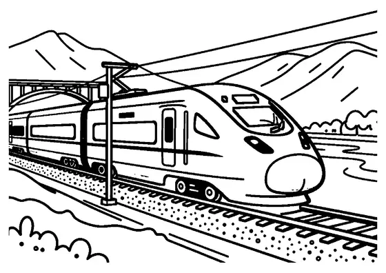 Un moderno tren de alta velocidad cruzando un puente de acero sobre un valle.