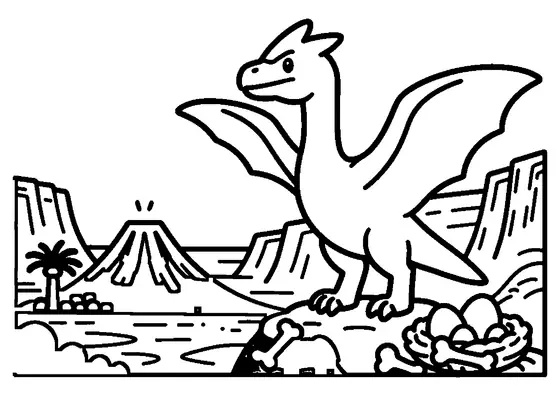 Desenho para colorir de um pterodáctilo sentado numa rocha perto de um vulcão e árvores antigas.