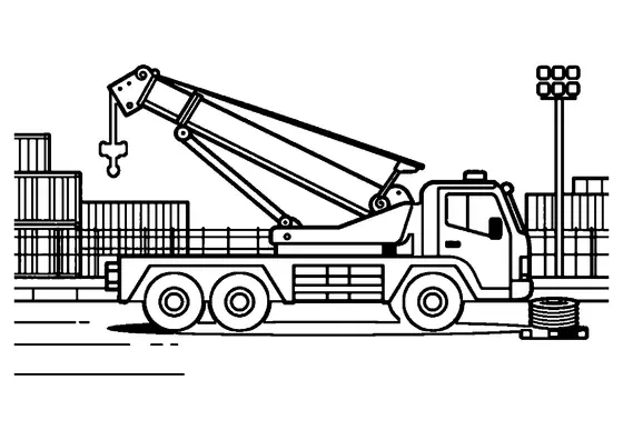Grue mobile avec flèche déployée à côté d'une palette et de conteneurs de marchandises.