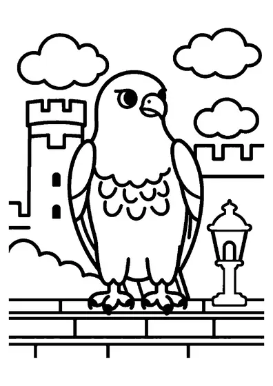 Un majestuoso halcón peregrino posado en las almenas de piedra de la torre de un castillo.