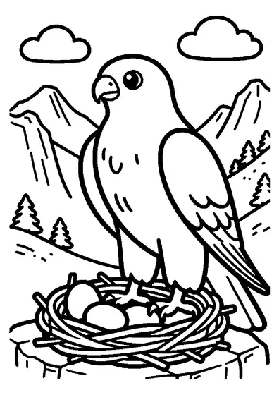 Colorir de um falcão-peregrino no ninho com um fundo de picos de montanha pitorescos.