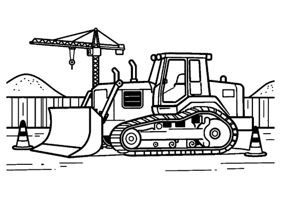 Bulldozer jaune à chenilles sur un chantier à côté de cônes de signalisation et d'une grue à tour.