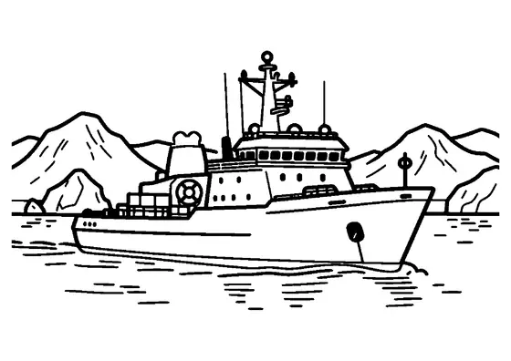 Un buque de investigación ártico navegando entre icebergs con una torre de radar y cubierta para helicóptero.