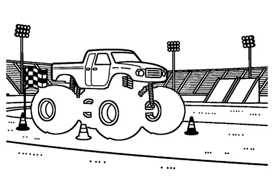 Desenho para colorir de um poderoso monster truck a percorrer uma pista de obstáculos num estádio.