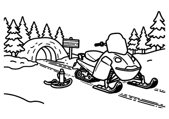 Dibujo para colorear de una moto de nieve estacionada en un sendero de montaña nevado rodeado de perennifolios.