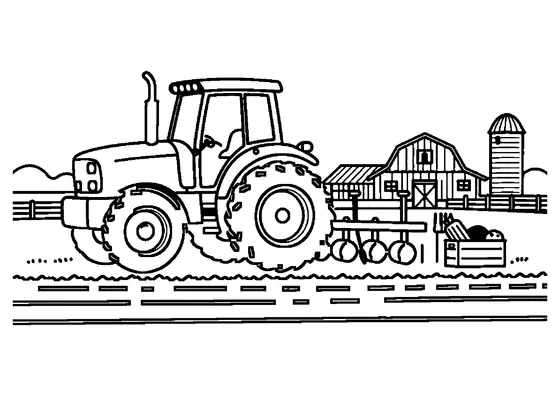 Dibujo para colorear de un tractor agrícola arrastrando un arado por un campo junto a un granero.