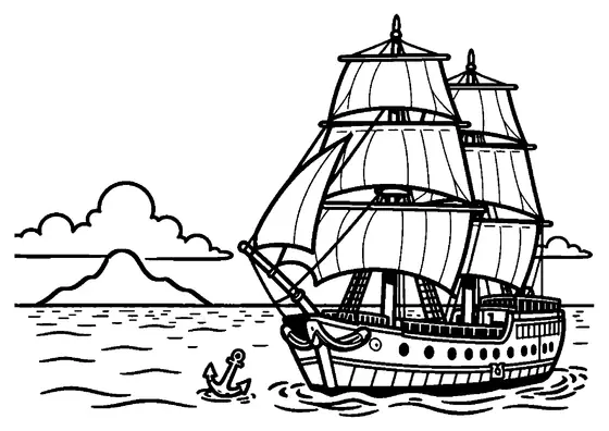 Desenho para colorir que representa um navio-escola antigo com velas estendidas nas ondas do oceano.