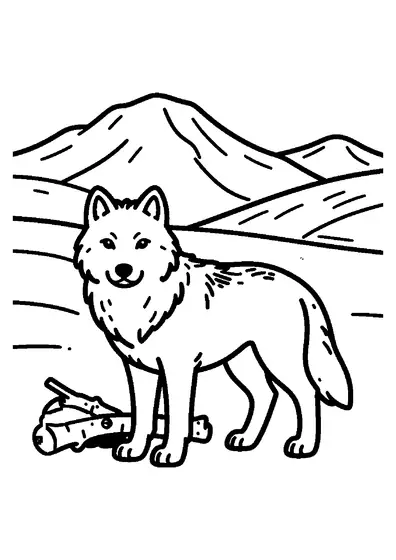 Loup arctique blanc debout dans la neige, près d’un rocher glacé et d’une branche de bouleau.