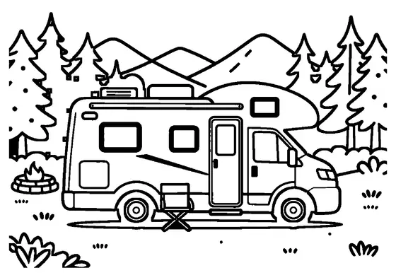 Un camping-car rétro avec toit relevable dans une clairière entourée d'une forêt de pins.