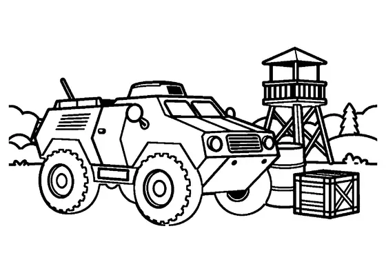Desenho para colorir de um carro blindado pesado numa estrada numa base florestal.
