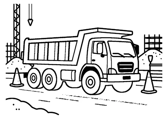 A large dump truck at a construction site beside a traffic cone, a pile of sand, and scaffolding.
