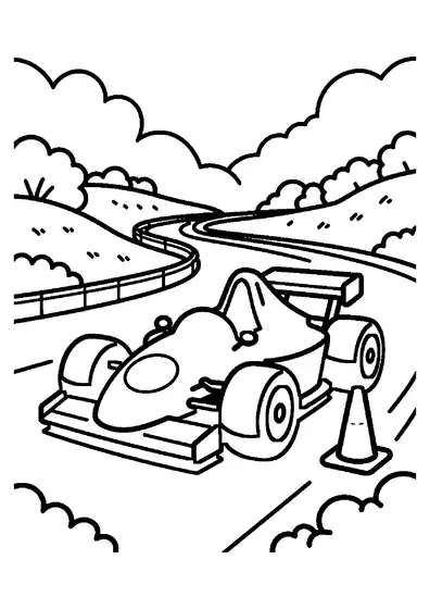 Une monoplace de rallye imaginaire près d’un grand pneu et d’un cône, sur un circuit sécurisé avec de l’herbe, des collines et des nuages.