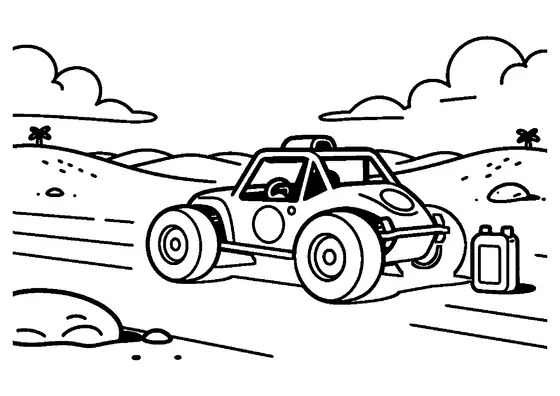 Buggy da rally accanto a un grande pneumatico e tanica di carburante su una pista tra le dune con palme e nuvole.