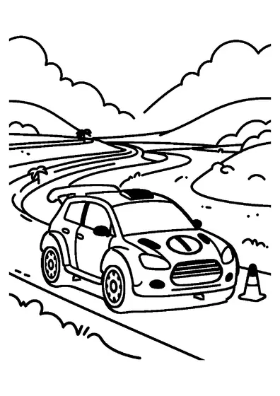 Crossover de rallye sur une route près de rizières en terrasses, avec une barrière, un cône, des palmiers et des collines.