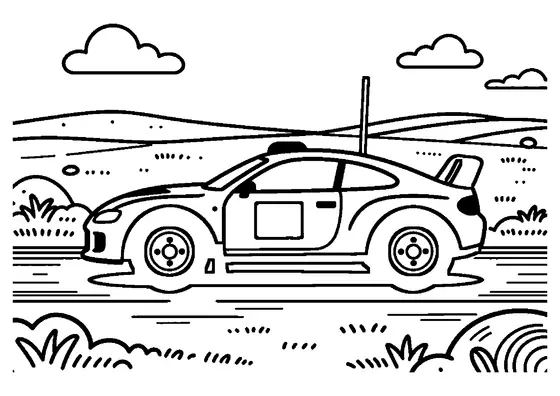 Voiture fastback de rallye sur une large route dans la steppe, près d’une balise et d’un pneu, avec des herbes et des collines au fond.